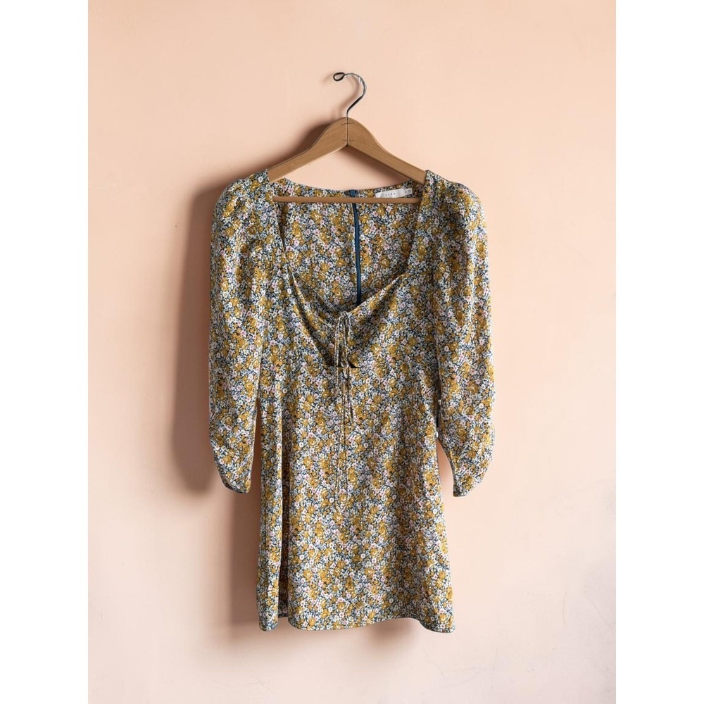 Lush Floral Mini Dress Teal Mustard Puffed Long Sleeve Sweetheart Tie XS